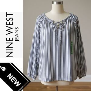 Nine West Blouse Top I Women's Large I White Blue Stripes Long Sleeve Tunic NWT